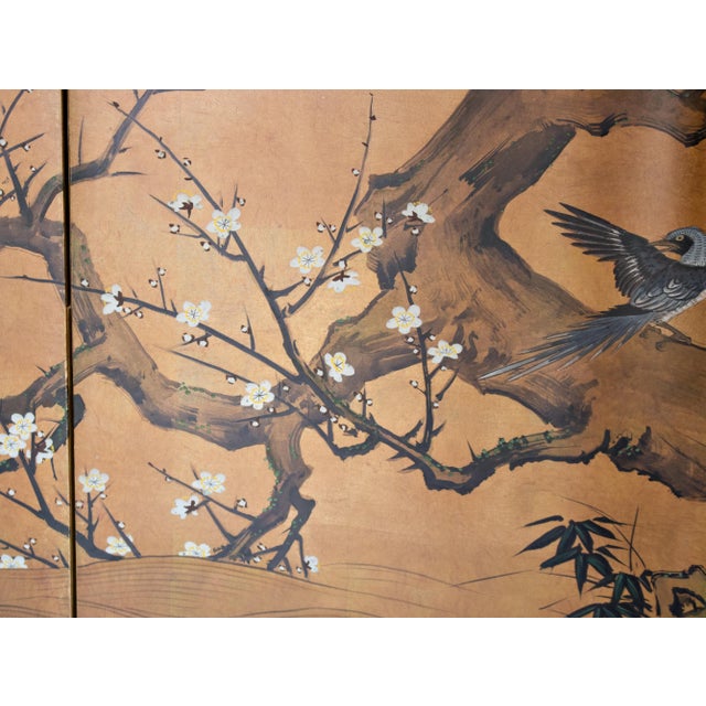 Wood "Ancient Plum Blossoms and Mandarin Ducks" by Yukiga, 1970s Japanese Byobu Screen For Sale - Image 7 of 18