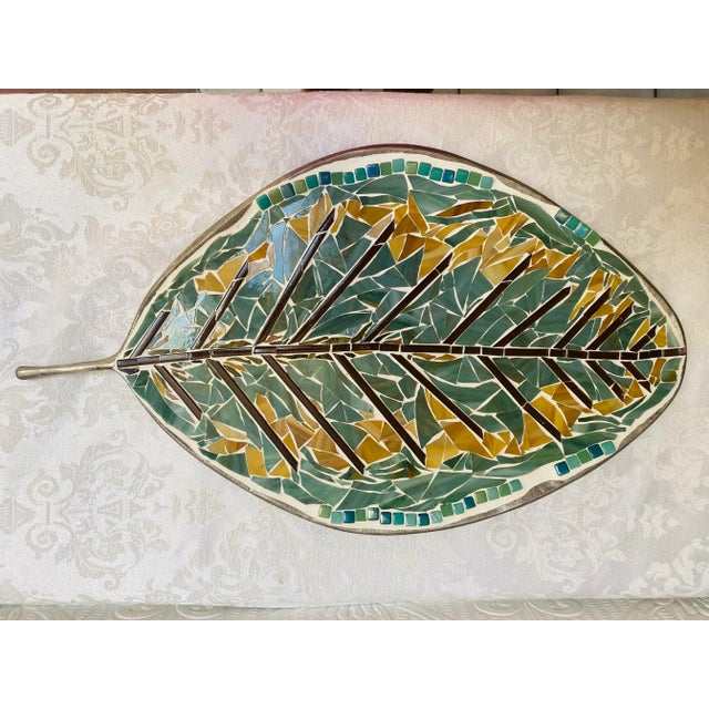 Michael Aram Contemporary Hand Made Glass Mosaic on Michael Aram Molded Nickel Silver Leaf Platter For Sale - Image 4 of 12