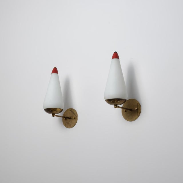 Large Italian Wall Sconces in Brass, Red Metal and Opaline Glass, 1950s, Set of 2 For Sale - Image 14 of 15