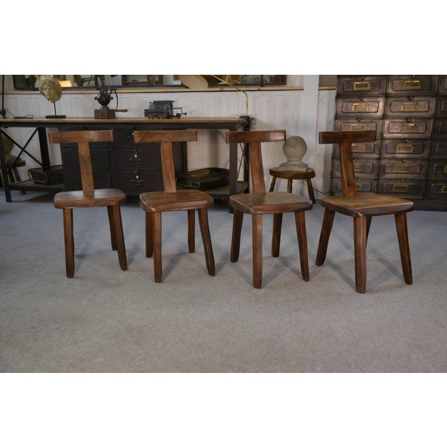 Brown Brutalist T Chairs in Elm from Aranjou, 1960s, Set of 4 For Sale - Image 8 of 10