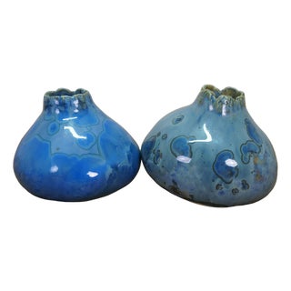 2 Vintage Blue Glazed Gourd Shaped Pinch Pot Pottery Bud Vases 2" For Sale