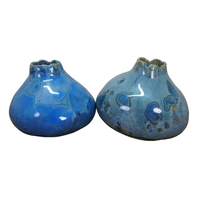 2 Vintage Blue Glazed Gourd Shaped Pinch Pot Pottery Bud Vases 2" For Sale