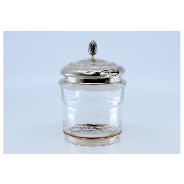 Glass Bottle with Embossed Silver Lid and Pine Cone-Shaped Handle For Sale - Image 4 of 11