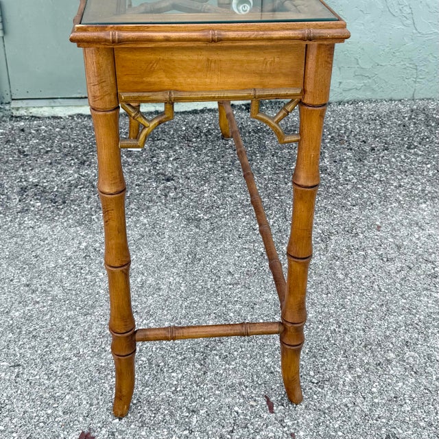 Wood Boho Chic Chippendale Style Faux Bamboo Glass Top Console Table For Sale - Image 7 of 8