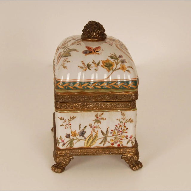 Gold 1980s Vintage Bronze Mounted Porcelain Box Hand Painted Butterflies and Floral Decor For Sale - Image 8 of 10