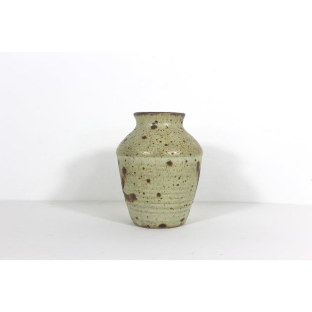 Vintage Signed Speckled Studio Pottery Stoneware Vase For Sale - Image 4 of 10