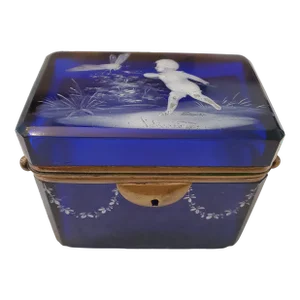 Antique Bohemian Glass Moser Cobalt Jewel Box Casket