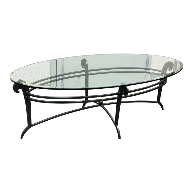 French Art Deco Style Wrought Iron Oval Glass Coffee Table For Sale