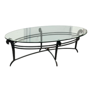 French Art Deco Style Wrought Iron Oval Glass Coffee Table