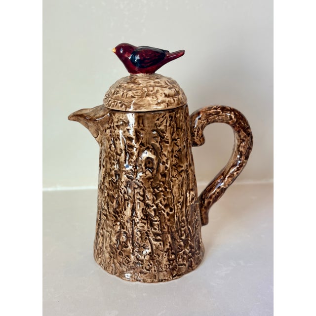 Mid-Century Folk Art Ceramic Faux Bois Tree Trunk Pitcher With Bird Finial For Sale - Image 9 of 10