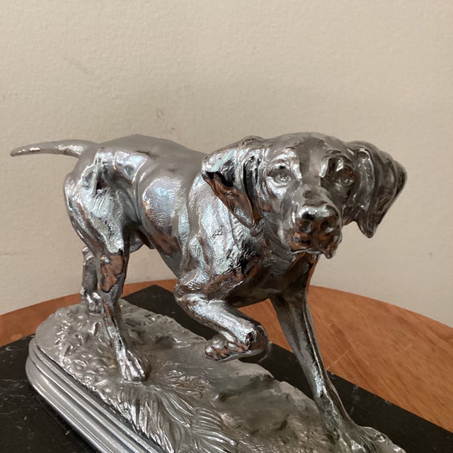 Vintage Collectible Silver Weighted Metal "Pointer Dog " Sculpture on Black Marble Base For Sale - Image 12 of 12