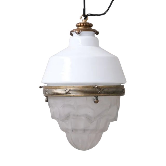 Antique French Glass and Brass Pendant Light For Sale