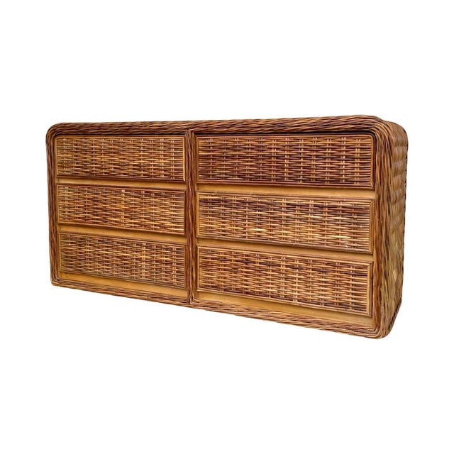 Art Deco 1970s Coastal Wicker Waterfall Double Dresser For Sale - Image 3 of 11