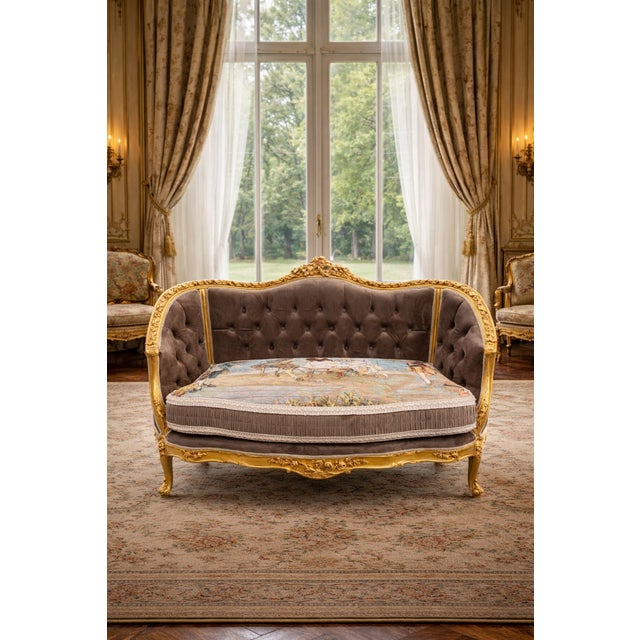 French 1950s French Louis XVI Gold Velvet Beech Settee 1 Pc For Sale - Image 3 of 12