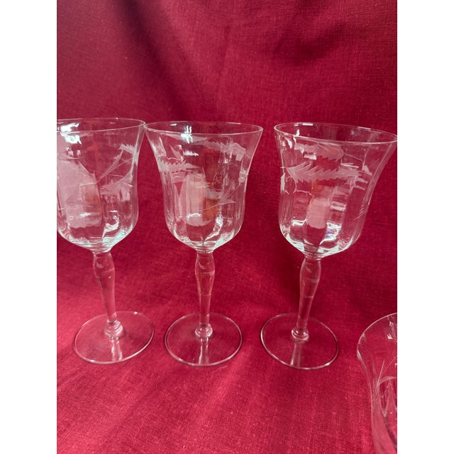 1950s Crystal Etched Wine Glasses - Set of 8 For Sale - Image 6 of 8