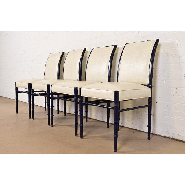 Baker Furniture Style Mid-Century Hollywood Regency Ebonized Faux Bamboo Side Chairs or Dining Chairs, Pair For Sale - Image 11 of 12