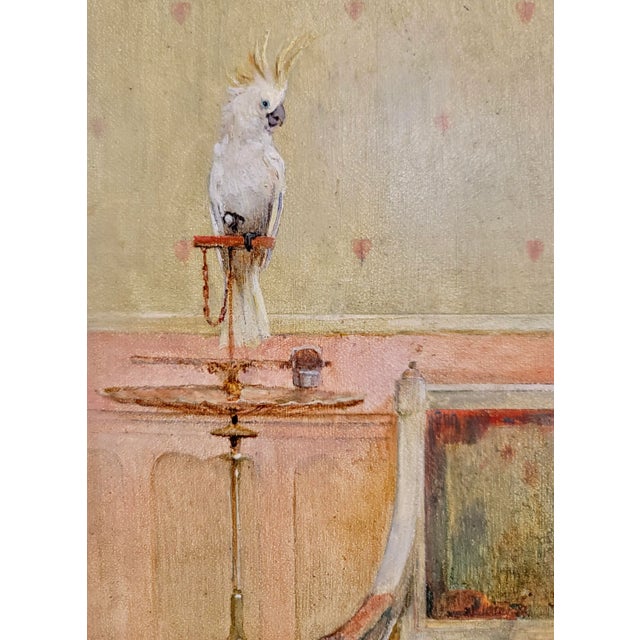Wood Edward Reed -Female Entertainer With White Parrot -C.1895 Oil Painting For Sale - Image 7 of 10