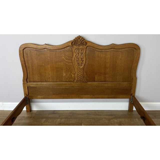 Vintage French Louis XVI Oak Double Bed Frame with Carved Headboard For Sale - Image 4 of 13