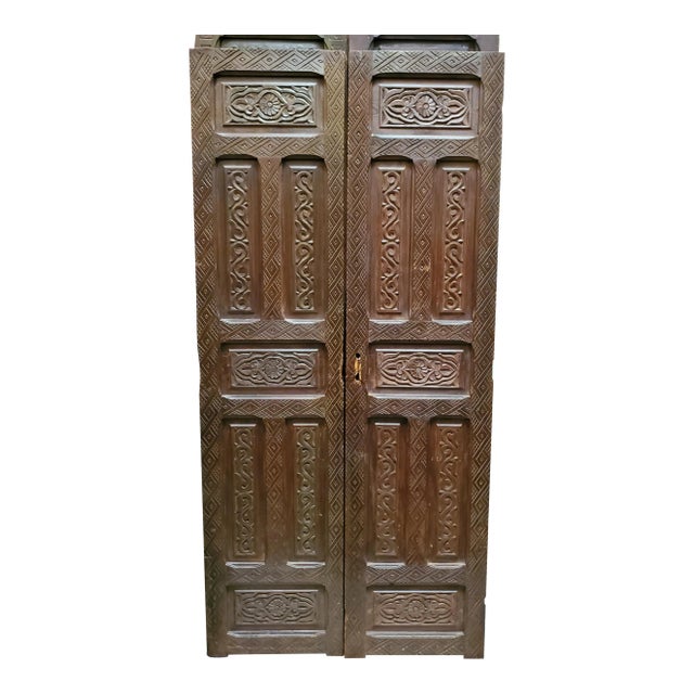 1980s Moroccan Carved Cedar Wood Double Panel Door with