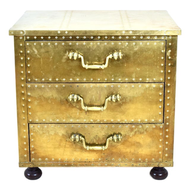 Serried Spain Brass Clad Chest, Nightstand, 1970's For Sale