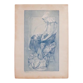 1905 French Art Nouveau Illustration - Alphonse Mucha, Girl With Hat ('Figures Decoratives,' Plate #30) For Sale