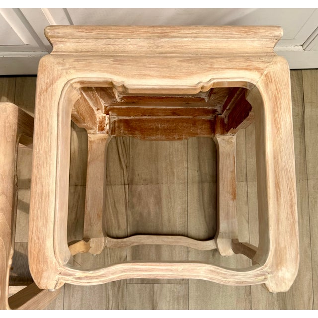 Pair of Vintage Ming-Style Solid Wood Side Tables in Bleached Whitewash Finish For Sale - Image 10 of 12