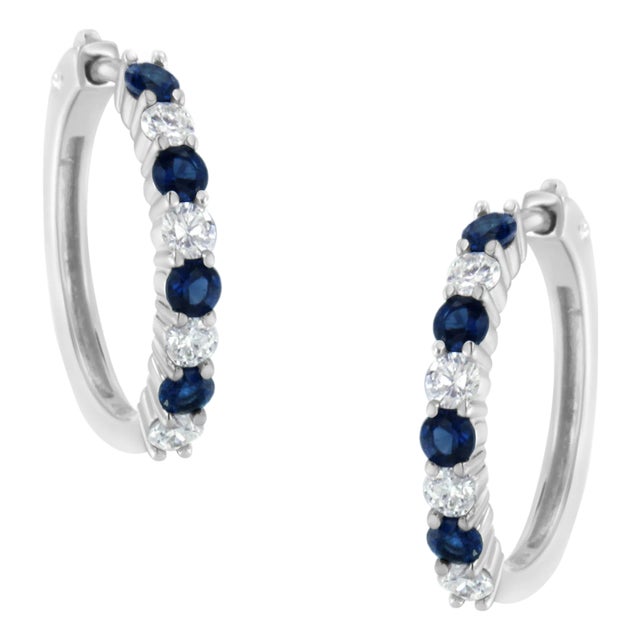 10K White Gold, �� Cttw Diamond, & �� Cttw Lab-Grown Blue Sapphire Leverback Hoop Earrings (H-I Color, I1-I2 Clarity) For Sale