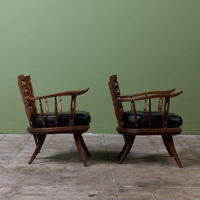 Pair of Carved Walnut Lounge Chairs in the Style of Ettore Zaccari For Sale - Image 4 of 16