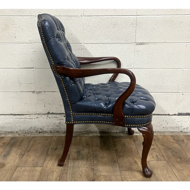 Vintage Queen Anne Chesterfield Mahogany Leather Tufted Office Desk Armchair For Sale - Image 4 of 6