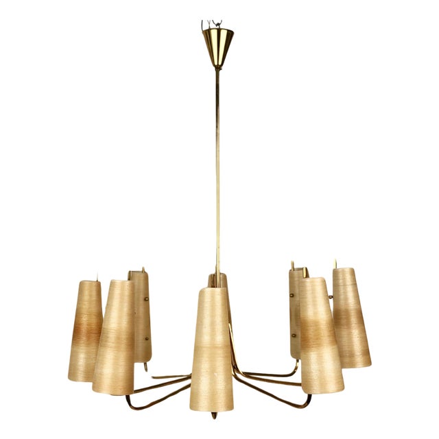 Chandelier in Brass with Fiber Glass Shades by Rupert Nikoll, Austria, 1962 For Sale