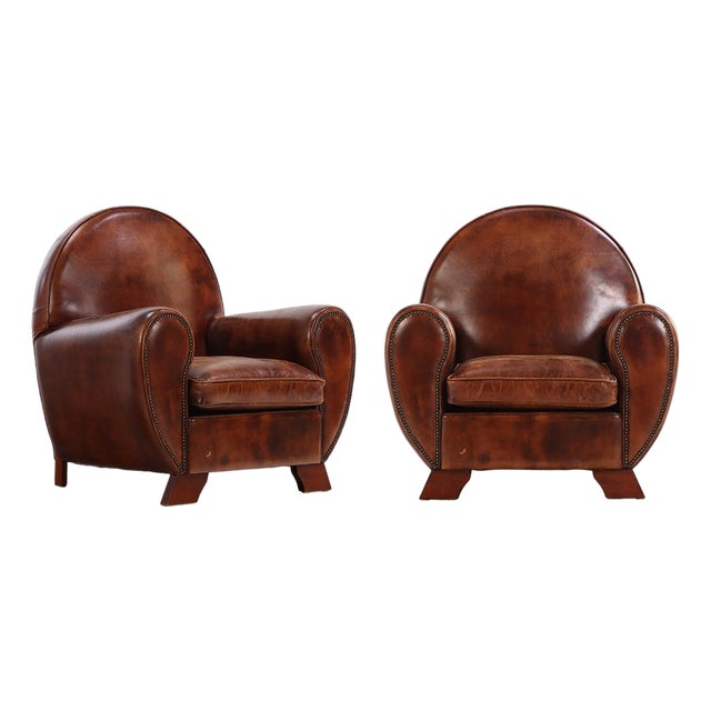 Pair of Dutch Art Deco Leather Club Chairs, 20th Century For Sale