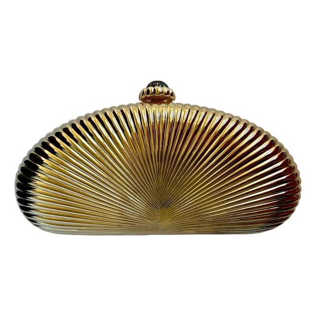 Judith Leiber Gold Ribbed Half Oval Onyx Gem Crystal Minaudiere Evening Bag For Sale