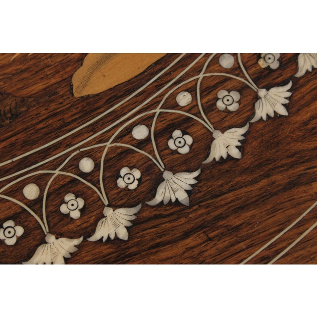 Wood Vintage Anglo Indian Round Inlaid Coffee Table W. 4 Stools For Sale - Image 7 of 18