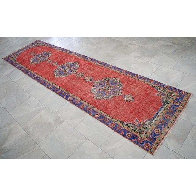 Textile Traditional Ottoman Design Distressed Oushak Runner Rug Faded Colors Low Pile - 3'3″ X 12' For Sale - Image 7 of 15