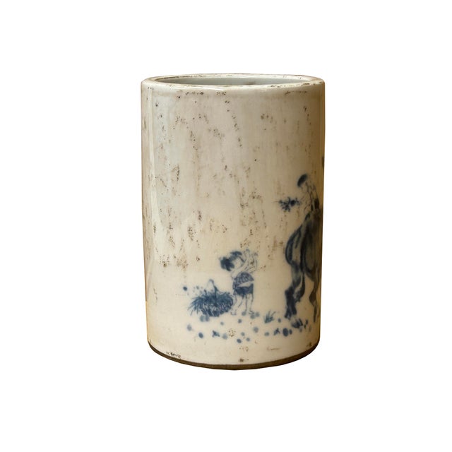Chinese Distressed White Porcelain Blue Kids Cow Graphic Holder Vase For Sale In San Francisco - Image 6 of 10