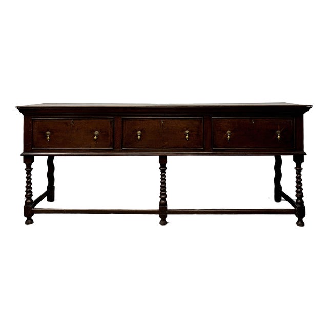 Antique English Oak Sideboard With Inlay Design and Barley Twist Legs For Sale