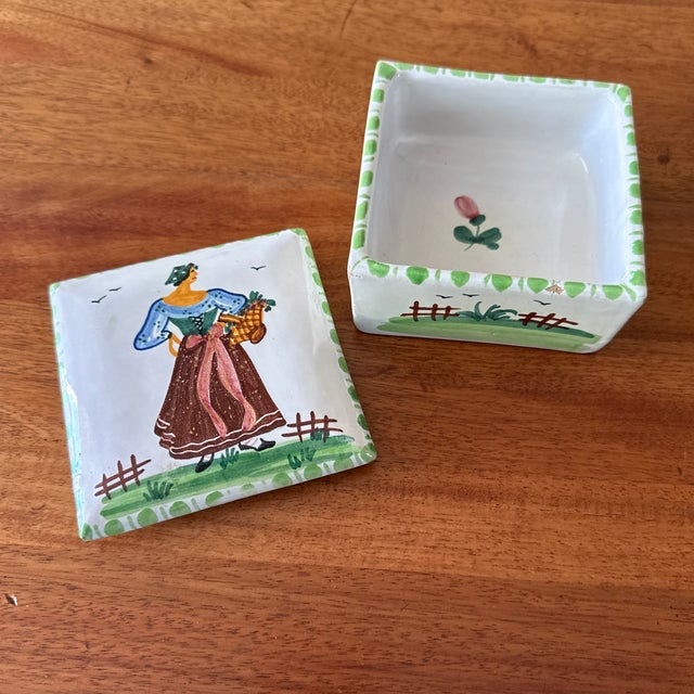 Vintage Italian ceramic lidded trinket box with hand-painted traditional woman carrying a gathering basket. Signed Italy...