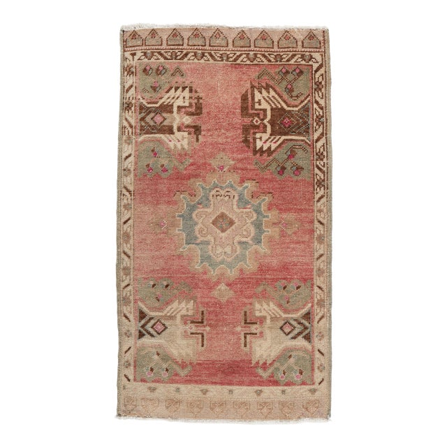 Vintage Turkish Door Mat Rug – Reddish Ground With Medallion & Muted Florals -1' 9'' X 3' 7'' For Sale