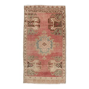 Vintage Turkish Door Mat Rug – Reddish Ground With Medallion & Muted Florals -1' 9'' X 3' 7''