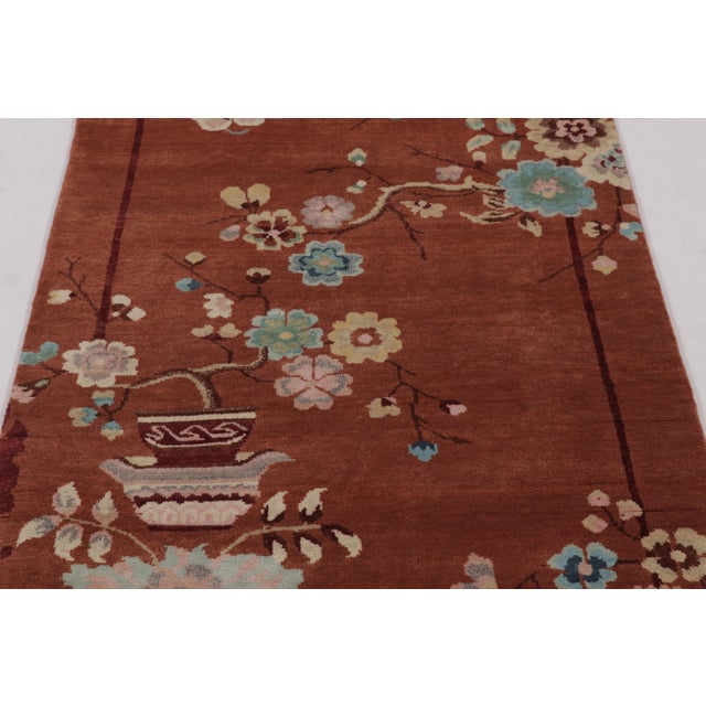 Rug & Kilim Rug & Kilim’s Chinese Art Deco Inspired Rug, Vibrant Florals & Figurals on Rust For Sale - Image 4 of 8