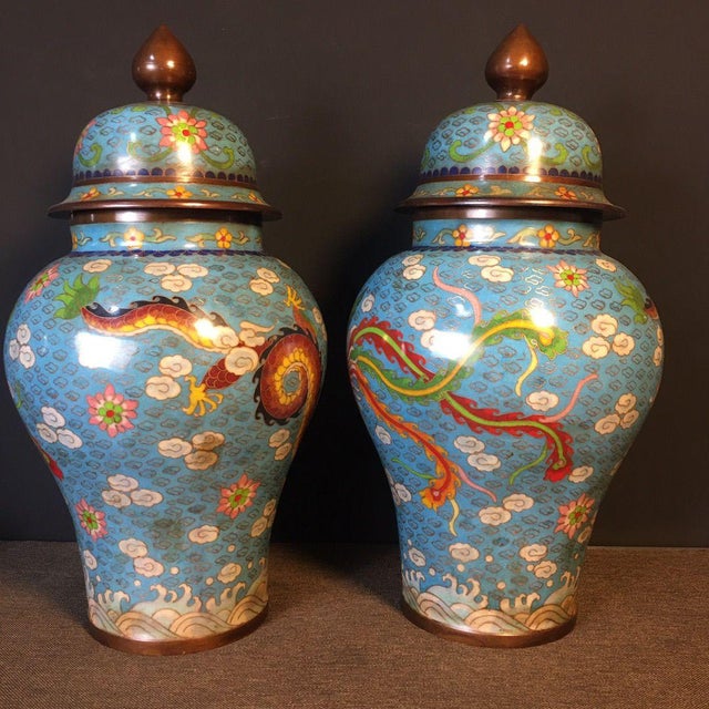 Pair of Monumental Chinese Cloisonné "Dragon & Phoenix" Covered Ginger Jars - 14.3 LBS For Sale - Image 4 of 9