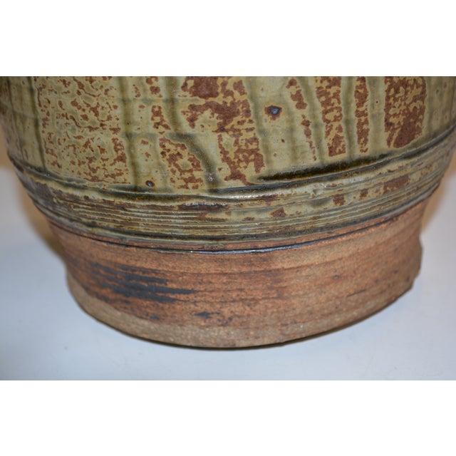 Studio Art Pottery Large Brown/Tan Cannister Container With Carved Face / Handles & Lid For Sale - Image 6 of 14