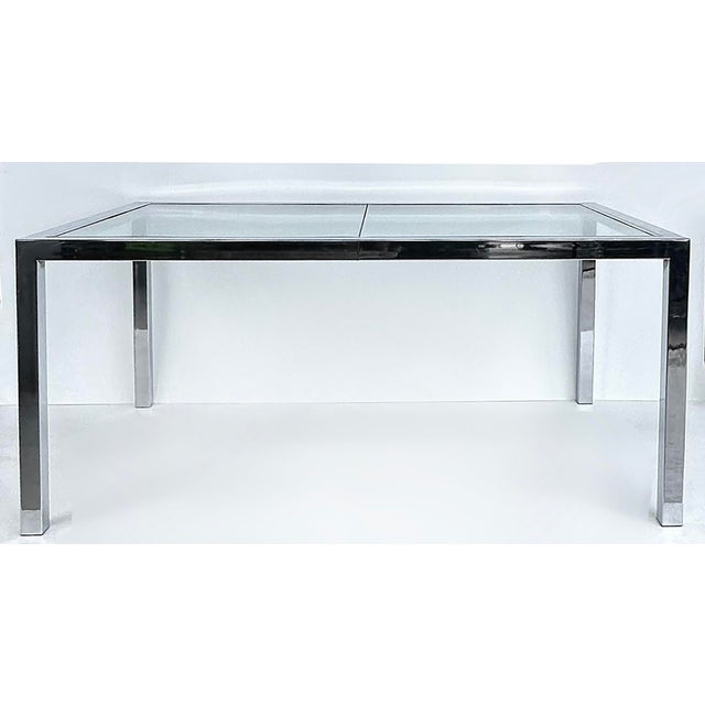 Mid-Century Modern Vintage Milo Baughman Dia Chrome, Glass Dining Table, Expandable With Leaf For Sale - Image 3 of 10
