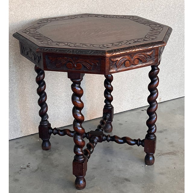 Wood Antique Hexagonal Side or Center Walnut Table With Six Carved Legs For Sale - Image 7 of 13