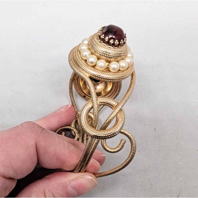 Vintage 1950s Signed Napier Goldtone Cabochon Faux-Garnet & Faux-Pearl Cuff Bracelet For Sale - Image 10 of 13