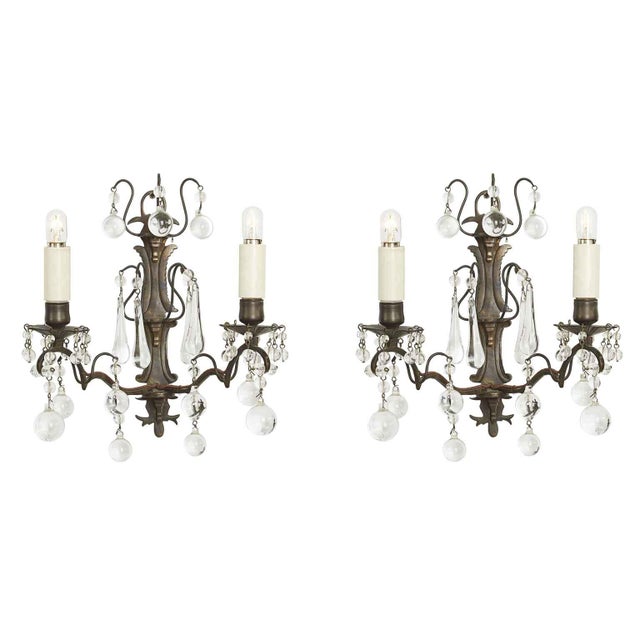 Metal Brass and Crystal Wall Lights, Early 1900s, Set of 2 For Sale - Image 7 of 7