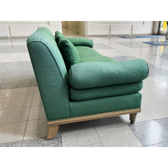 Custom Carved Oak & Green Linen Sofa by Steven Gambrel For Sale - Image 9 of 18