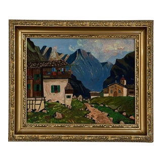 Vintage Original Alpine Village Landscape Oil Painting For Sale