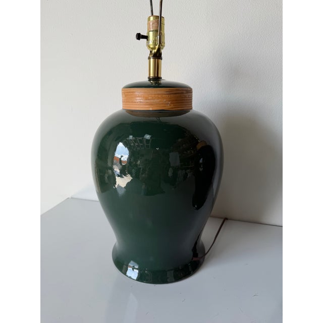 1980’s Vintage Green Glazed Ceramic and Rattan Table Lamps – A Pair For Sale - Image 9 of 12