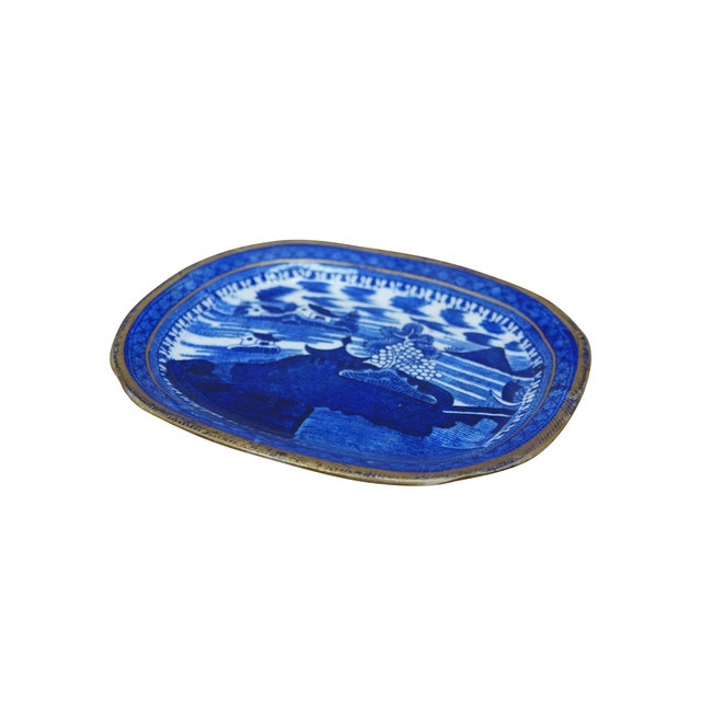 Chinese Antique Chinese Export Canton Blue Willow Gilt Plate Platter Tray 8" For Sale - Image 3 of 10